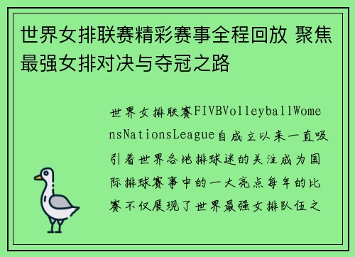 世界女排联赛精彩赛事全程回放 聚焦最强女排对决与夺冠之路