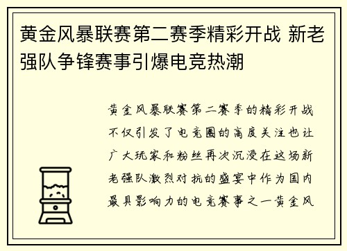 黄金风暴联赛第二赛季精彩开战 新老强队争锋赛事引爆电竞热潮