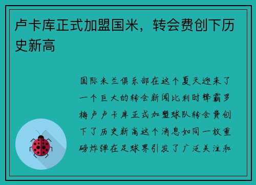 卢卡库正式加盟国米，转会费创下历史新高